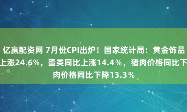 亿赢配资网 7月份CPI出炉！国家统计局：黄金饰品价格同比上涨24.6%，蛋类同比上涨14.4％，猪肉价格同比下降13.3％